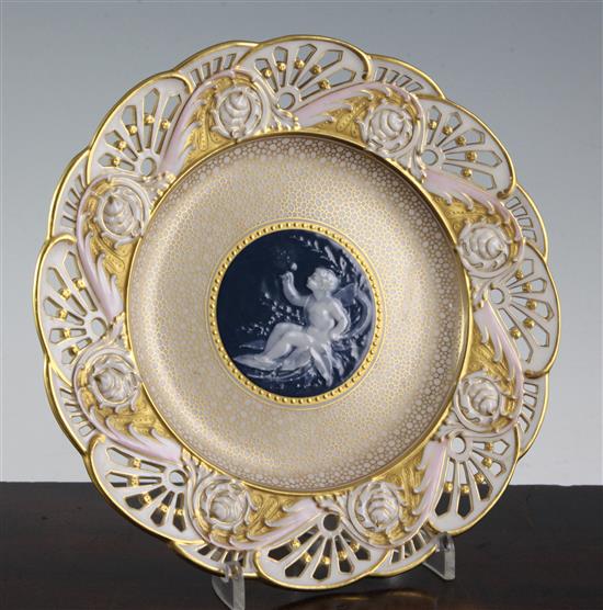 A Mintons pate sur pate cabinet plate, attributed to Alboin Birks, c.1905, diameter 23cm